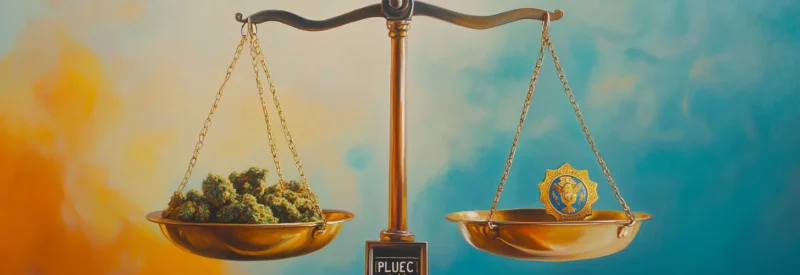 A symbolic painting of a golden balance scale, with cannabis buds on one side and a law enforcement badge on the other, representing the legal and regulatory debate around cannabis.