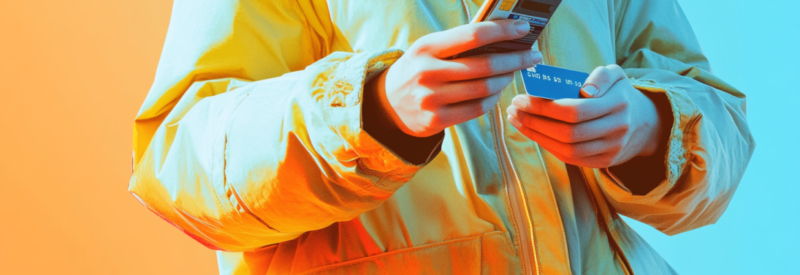 A woman looking at her credit card and cellphone evaluating different payment methods.