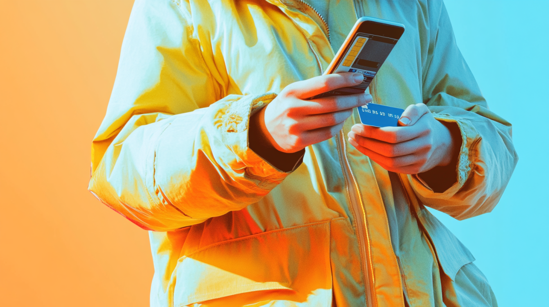 A woman looking at her credit card and cellphone evaluating different payment methods.