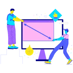 Two merchants measuring a monitor to decide between Shift4Shop vs Shopify.