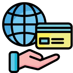 A globe, credit card, and a hand doing eCommerce payment processing.