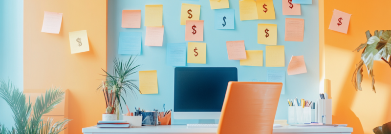 Low cost business ideas on post it notes on desk