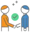 Two people shaking hands with a checkmark above them.