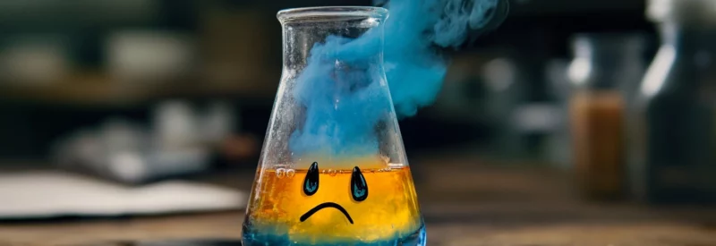 A laboratory beaker filled with a bubbling orange and blue liquid, emitting thick blue smoke. The beaker has a sad face drawn on it, symbolizing a failed or dangerous chemical reaction. The background is blurred, showing a laboratory setting.