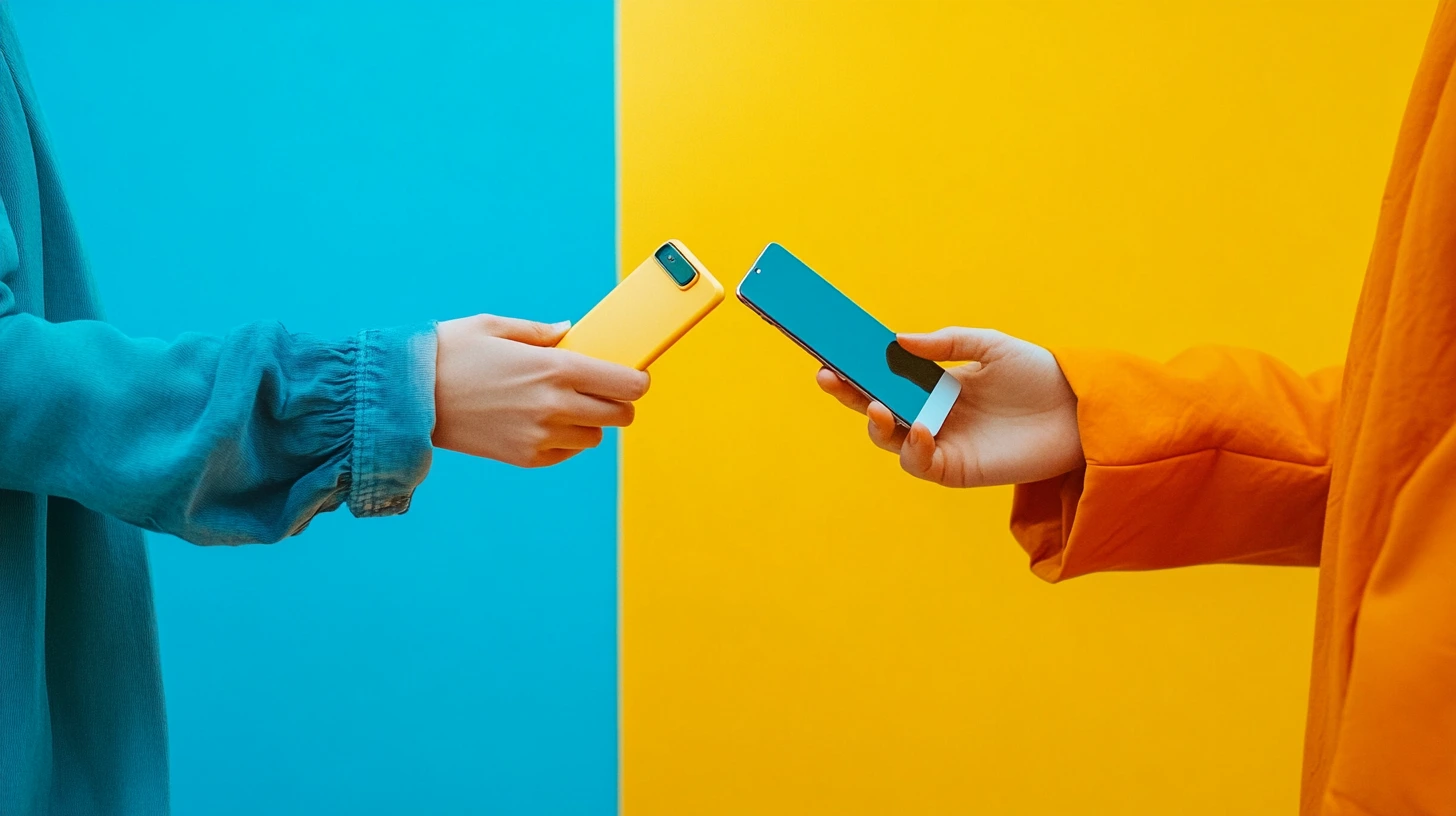 Two people paying with smartphones