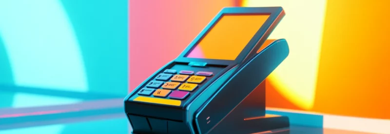 A sleek, modern payment terminal with colorful buttons and a bright display, set against a vibrant background, symbolizing innovative payment processing.