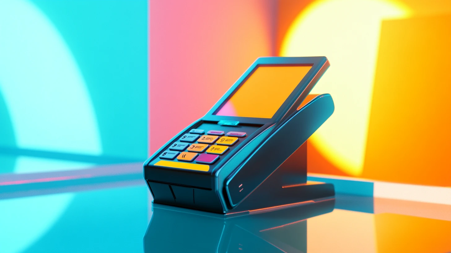 A sleek, modern payment terminal with colorful buttons and a bright display, set against a vibrant background, symbolizing innovative payment processing.