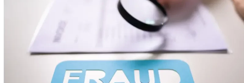 A magnifying glass looking over a pad with the word fraud, using fraud prevention strategies.