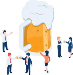 People standing around a giant beer glass.