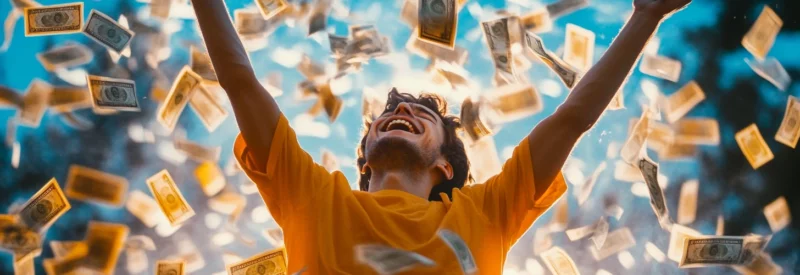 A joyful person in a yellow shirt raises their arms as dollar bills rain down around them against a bright blue sky.