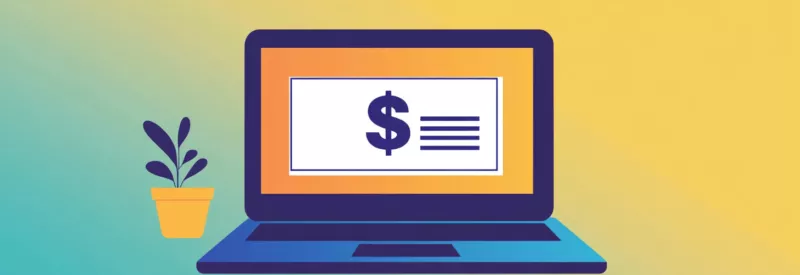 a bank check and a large dollar sign floating displayed on a laptop screen