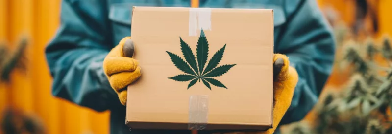 a delivery guy holding a brown parcel with a marijuana print on it