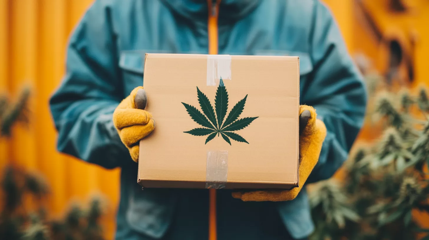 a delivery guy holding a brown parcel with a marijuana print on it