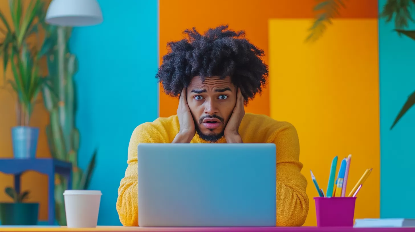 A guy looking at his laptop, shocked and frustrated.