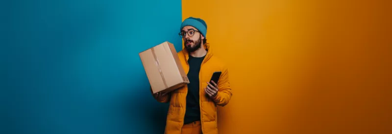 a guy wearing glasses and a blue beanie, holding a brown box and a phone in his other hand, confused and frustrated.