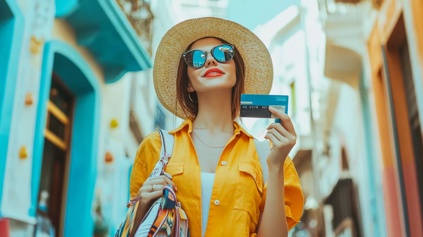 a tourist in a foreign country holding a credit card