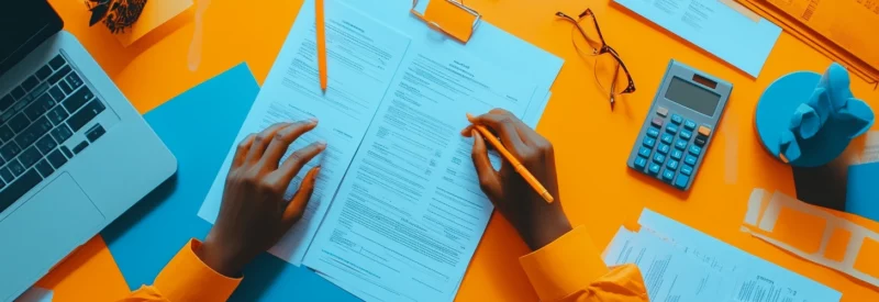 A person filling out a document on a desk filled with papers, a calculator, and office supplies.