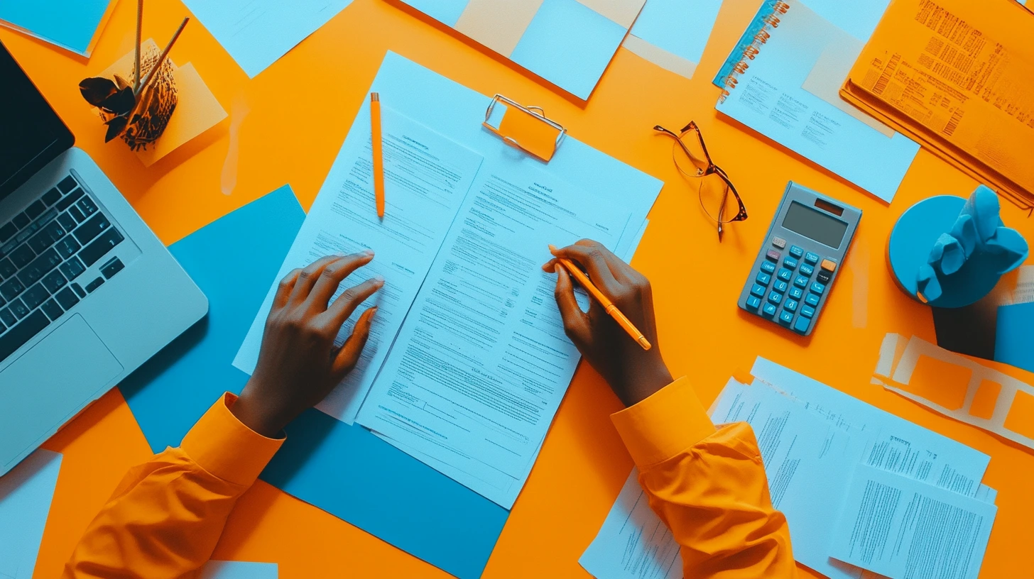 A person filling out a document on a desk filled with papers, a calculator, and office supplies.