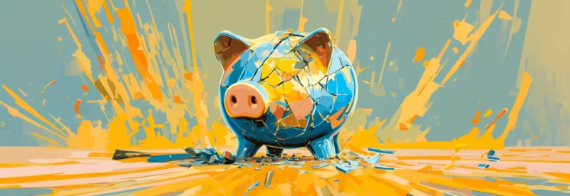 A shattered piggy bank depicted in vibrant blues and yellows