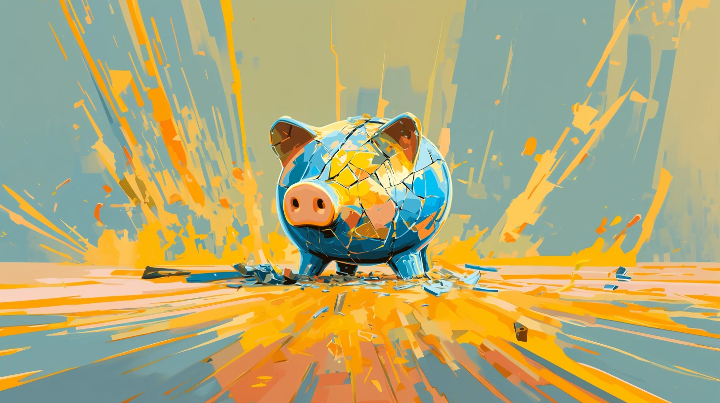 A shattered piggy bank depicted in vibrant blues and yellows