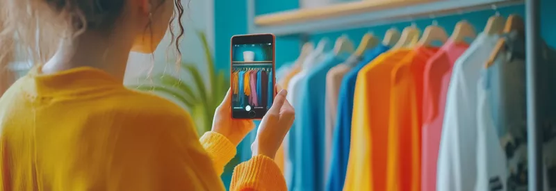 A female business owner in her home, taking pictures of clothes to sell online.