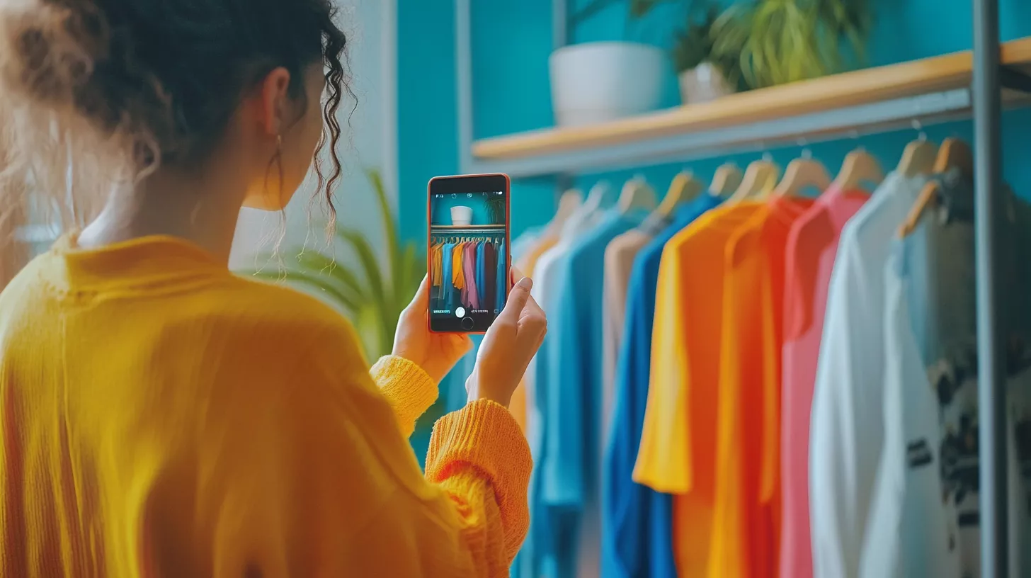 A female business owner in her home, taking pictures of clothes to sell online.