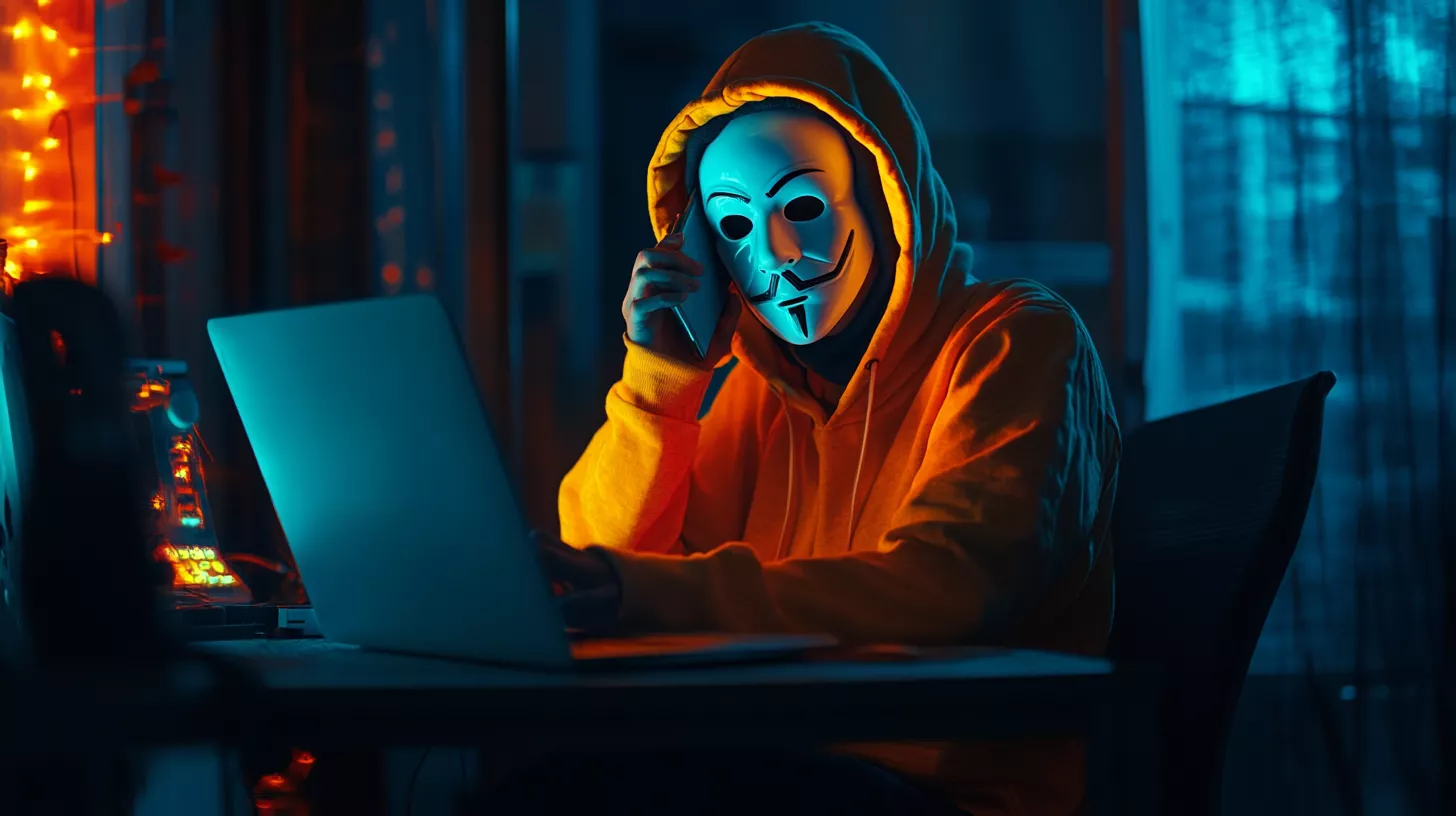 Guy wearing an orange hoodie and a white mask calling someone over the phone while looking at his laptop.