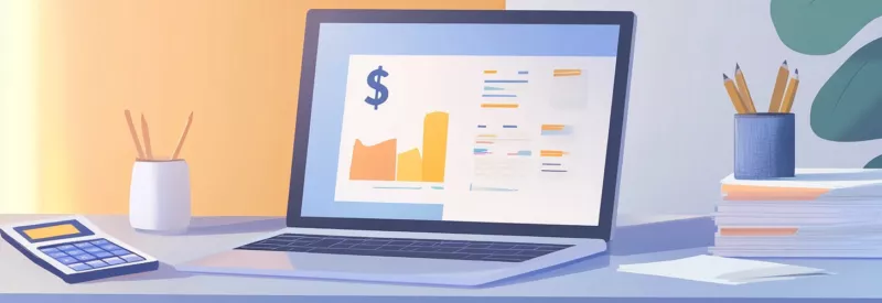 Illustration of an office desk with a laptop displaying a digital bank interface showing graphs and transaction details.