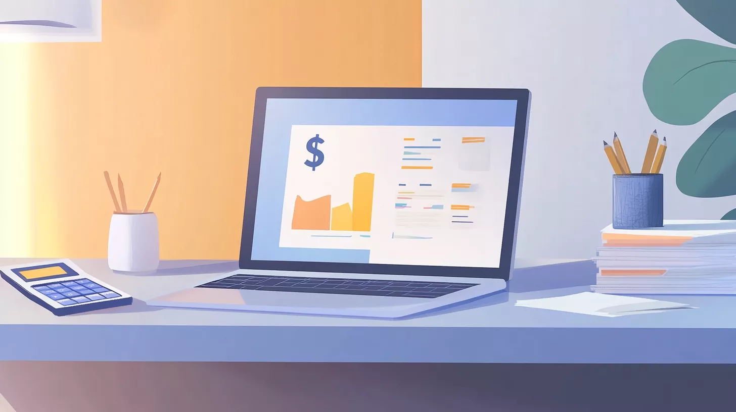 Illustration of an office desk with a laptop displaying a digital bank interface showing graphs and transaction details.