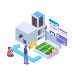 A merchant and customer in front of a briefcase of money and a credit card dealing with an ACH return R39.