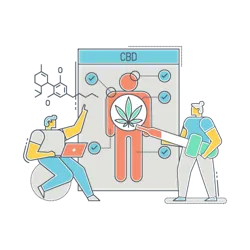 Two CBD merchants in front of a diagram of a person buying CBD from them with their Alabama CBD license.