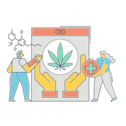 Two merchants drawing on a document with hands holding a CBD leaf to sell Missouri CBD. 