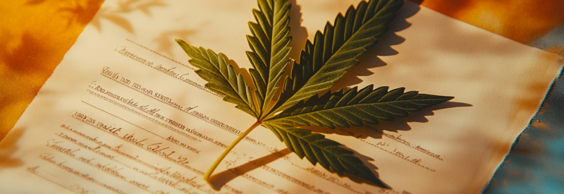 a green cannabis leaf lying on an official document