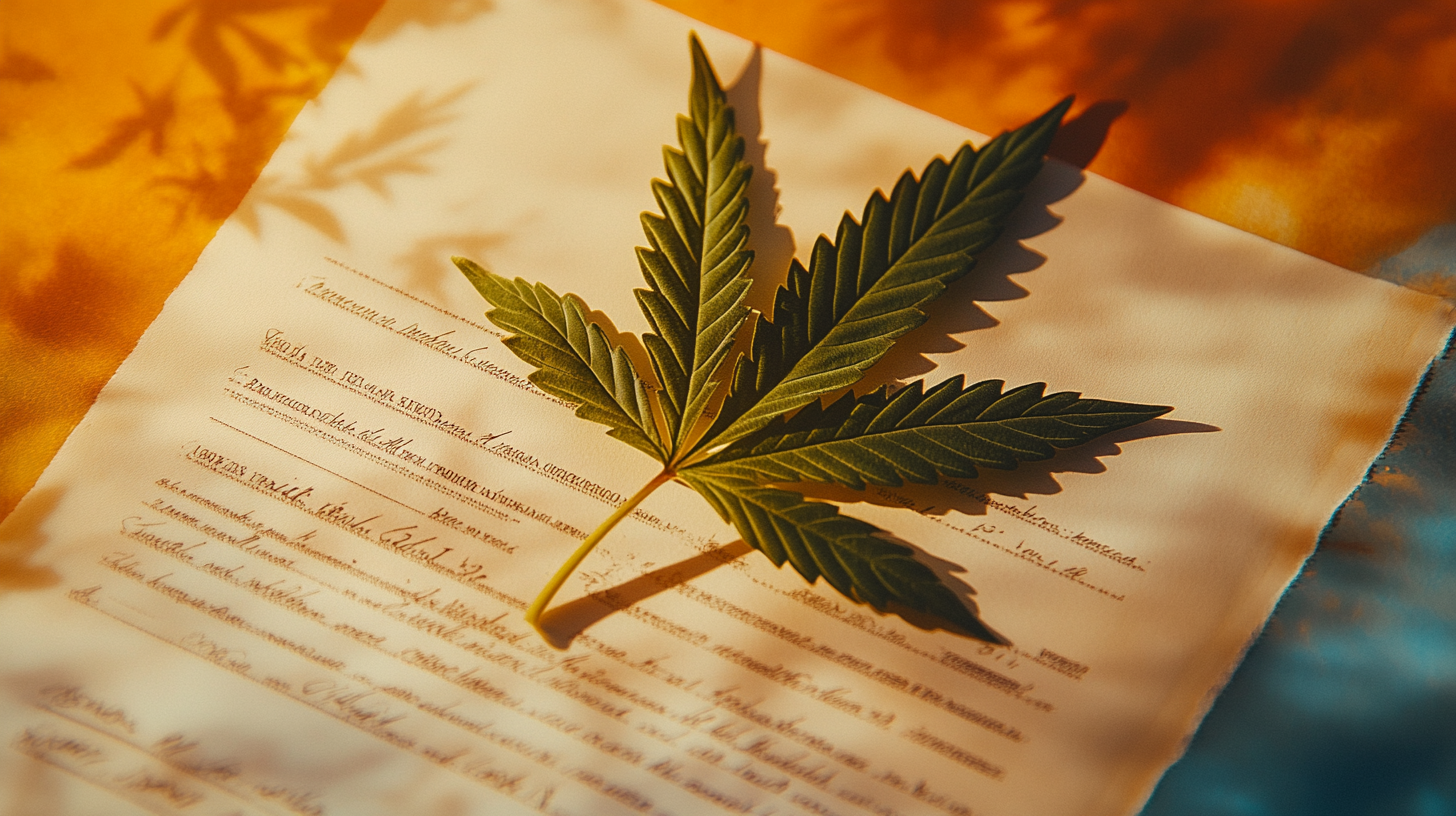 a green cannabis leaf lying on an official document