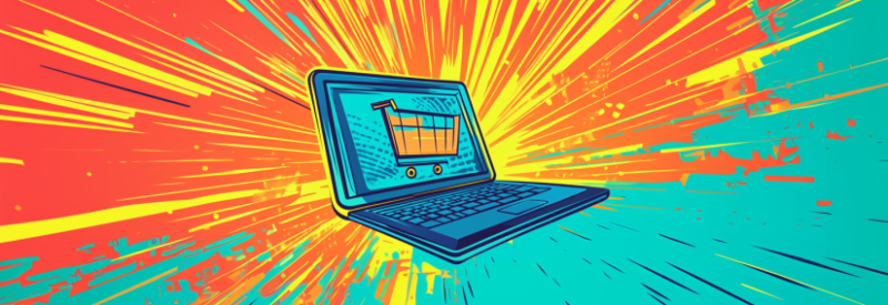 A cartoon illustration of laptop screen showing a shopping cart icon.