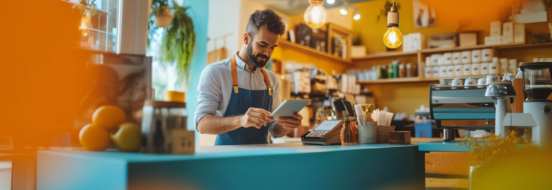 Small business owner behind the counter using a sleek POS terminal tablet