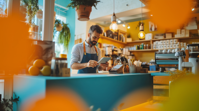 Small business owner behind the counter using a sleek POS terminal tablet