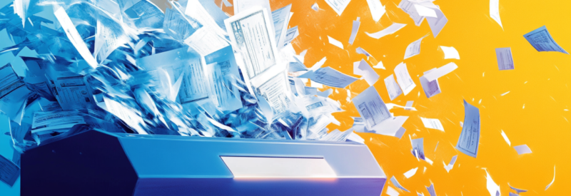 A high-speed shredder ejecting a flurry of paper checks