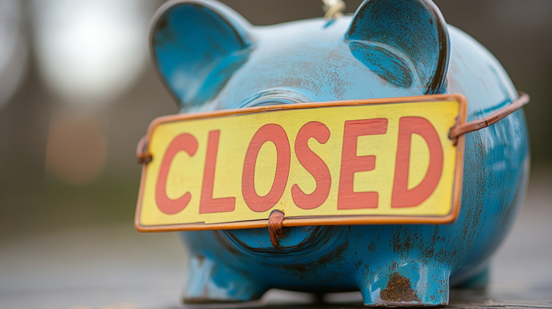 A worn blue piggy bank with a "CLOSED" sign strapped across it, symbolizing a closed bank account.