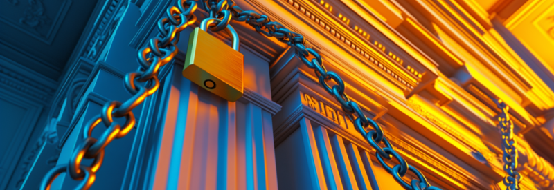 A locked bank building with heavy chains wrapped around its columns, symbolizing restricted access or a financial hold.