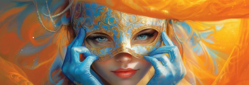 A close-up of a woman wearing an ornate blue and gold masquerade mask, surrounded by vibrant orange and blue fabric, symbolizing mystery and uncovering hidden details