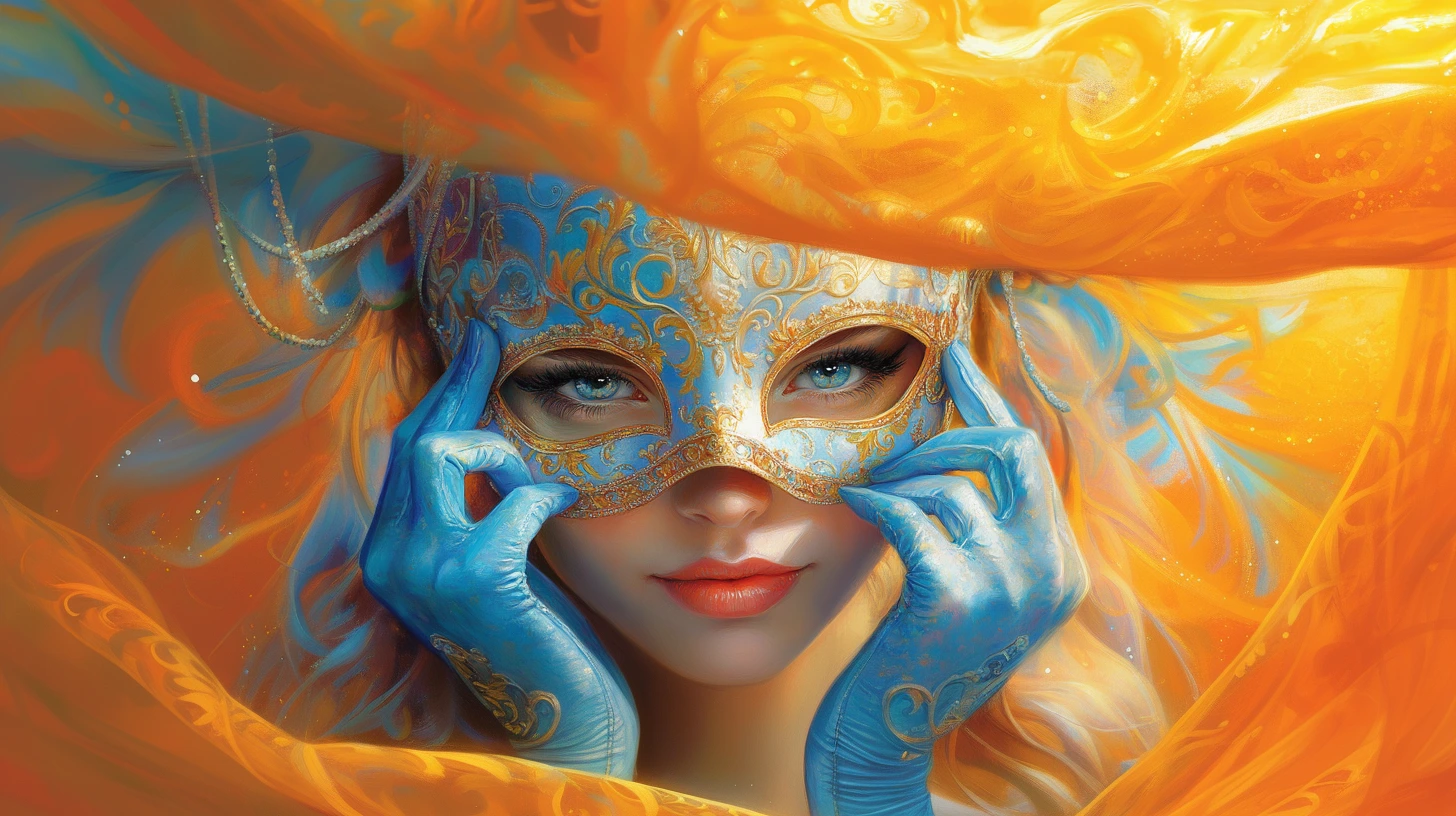 A close-up of a woman wearing an ornate blue and gold masquerade mask, surrounded by vibrant orange and blue fabric, symbolizing mystery and uncovering hidden details