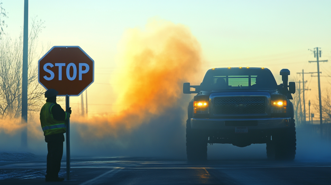 A construction worker holding a stop sign as a large pickup truck approaches on a road with a cloud of dust illuminated by the sunrise in the background.