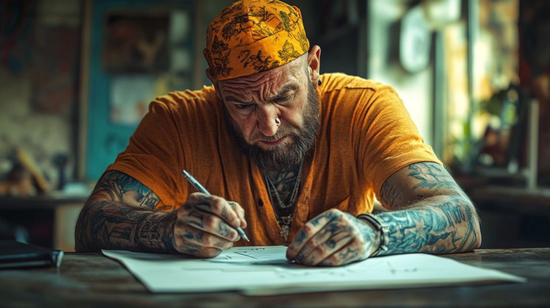 A heavily tattooed man wearing a yellow shirt and bandana intently writing a check at a desk in a brightly lit workspace.