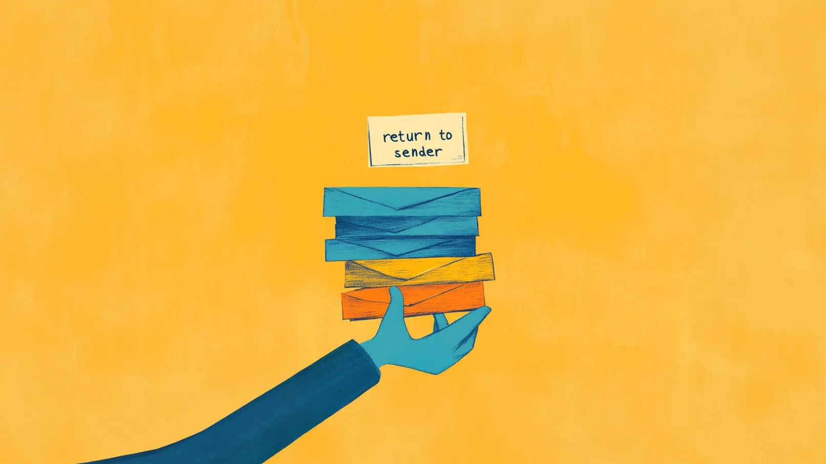 A hand holding a stack of colorful envelopes, with a note reading "return to sender" on a bright yellow background.