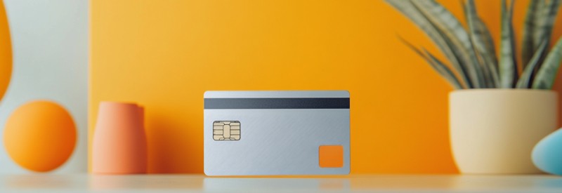 Back view of a silver credit card, orange background.