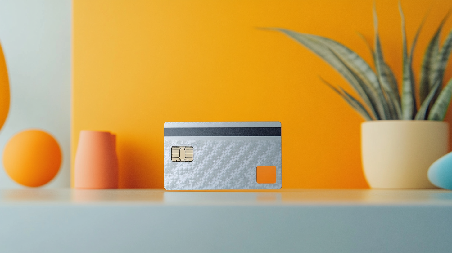 Back view of a silver credit card, orange background.