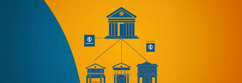 Diagram of a bank building connected to multiple business establishments with dotted lines on a yellow background.