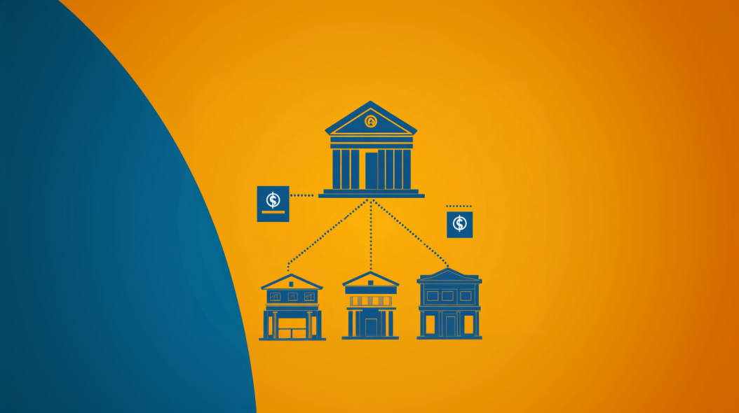 Diagram of a bank building connected to multiple business establishments with dotted lines on a yellow background.