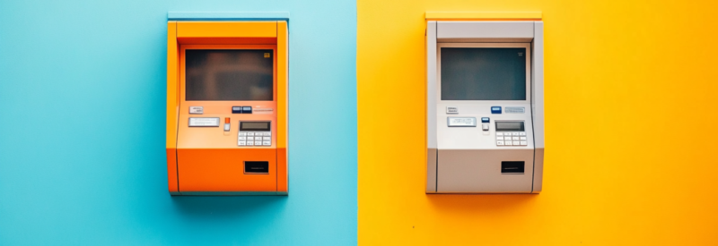 two bank atms next to each other doing a bank to bank money transfer